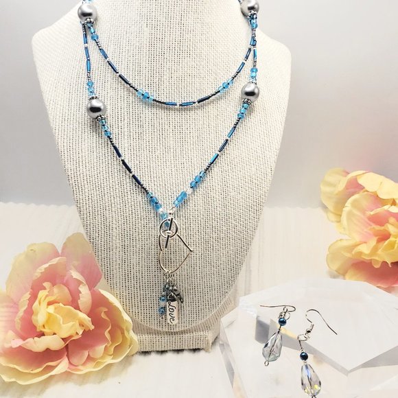 Dark Blue Hematite & Heart Charm Dangle Boho Wrap Bracelet/Necklace Earrings Set - Picture 15 of 17